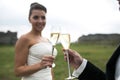 Bridal couple clink glasses of champagne