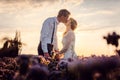 Bridal couple after the wedding kissing during sunset on a meadow Royalty Free Stock Photo