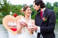 Bridal couple at wedding with white doves Royalty Free Stock Photo