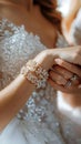 Bridal details close up of the brides hand adorned with bracelet