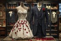 A Bridal Dress and Grooms Suit Adorned with Rose Petals Capturing the Essence of Wedding Attire Preparation.