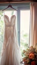 Bridal elegance Wedding dress hangs on a curtain rail near window