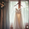 Bridal elegance Wedding dress hangs on a curtain rail near window