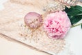 Bridal jewelry made of crystals and rhinestones, beautiful peony flower and lace mesh fabric Royalty Free Stock Photo