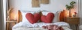Bridal room pillows in the shape of a heart. Selective focus.