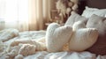 Bridal room pillows in the shape of a heart. Selective focus.