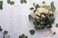 Bridal roses bouquet and planning checklist on white