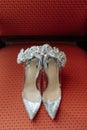 Bridal Shoes Decorated Jewerly Wreath Flat Lay