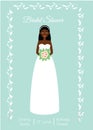 Bridal shower card with smiling happy bride. African american woman in fashion wedding dress. Vector illustration, invitation temp Royalty Free Stock Photo