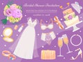 Bridal shower invitation banner vector illustration. Wedding accessories such as flower bouquet, dress, glasses with Royalty Free Stock Photo