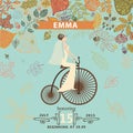 Bridal shower invitation.Bride,retro bicycle,