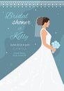 Bridal shower invitation card. Bride in wedding dress with bouquet of flowers on blue pastel background. Invite template Royalty Free Stock Photo