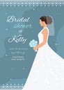 Bridal shower invitation card. Bride in wedding dress with bouquet of flowers on blue pastel background. Invite template Royalty Free Stock Photo