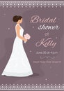 Bridal shower invitation card. Bride in wedding dress with bouquet of flowers on violet pastel background. Invite Royalty Free Stock Photo