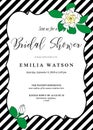 Bridal shower invitation card template with hand drawn gardenia flowers and diagonal black stripes. Trendy modern design Royalty Free Stock Photo