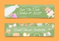 Bridal shower invitations set of banners vector illustration. Save the date. Wedding accessories such as flower bouquet Royalty Free Stock Photo