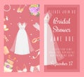 Bridal shower invitations set of banners vector illustration. Wedding accessories such as flower bouquet, dress, glasses Royalty Free Stock Photo