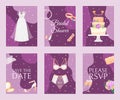 Bridal shower set of banners, cards vector illustration. Save the date. Lingerie shower. Wedding accessories such as Royalty Free Stock Photo