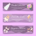 Bridal shower set of banners vector illustration. Save the date. Lingerie shower. Wedding accessories such as flower Royalty Free Stock Photo