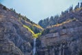 Bridal Veil Falls is a 607-foot-tall 185 meters double cataract waterfall in the south end of Provo Canyon, close to Highway US1
