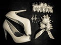 Bridal white shoes. Wedding shoes. Wedding garter Royalty Free Stock Photo