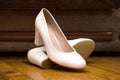 Bridal white shoes. Wedding shoes. Wedding garter Royalty Free Stock Photo