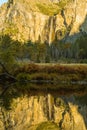 The Bridalveil Fall and its reflection in the Merced River at sunset in Yosemite National Park, California, USA. Royalty Free Stock Photo