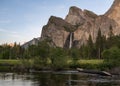 Bridalveil Falls & Cathedral Spires, Yosemite Valley View, Yosemite Nat`l. Park, CA Royalty Free Stock Photo