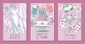 Bride accessories set of cards, posters vector illustration. Wedding dress, cake, cupcakes, glass of champagne, shoes