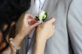 Bride adjusting groom's boutonniere Royalty Free Stock Photo