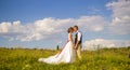 The bride and groom are holding hands on a green meadow under white clouds. Summer romantic wedding Royalty Free Stock Photo