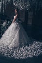 Bride from the back, romantic Beautiful bride in wedding dress with lace. The bride in an unusual butterfly dress stands with her Royalty Free Stock Photo