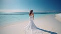 Bride on the beach, model in elegant long gown dress on the Maldives beach, travel