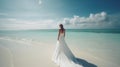 Bride on the beach, model in elegant long gown dress on the Maldives beach, travel