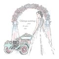 Bride in a beautiful dress and wedding car decorated with flowers on a wedding arch background. Vector illustration. Royalty Free Stock Photo