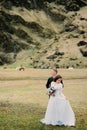 Bride with a bouquet stands next to her groom in a mountain valley. Iceland Royalty Free Stock Photo