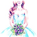 Bride with bouquet in wedding dress, hand paint watercolor illustration Royalty Free Stock Photo