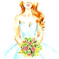 Bride with bouquet in wedding dress, hand paint watercolor illustration Royalty Free Stock Photo