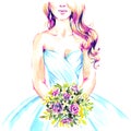 Bride with bouquet in wedding dress, hand paint watercolor illustration Royalty Free Stock Photo