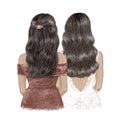 Bride and Bridesmaid, brunettes with tan skin. Hand drawn Illustration Royalty Free Stock Photo