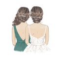 Bride and Bridesmaid with curly hair. Sister of Bride. Hand drawn Illustration Royalty Free Stock Photo