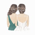 Bride and Bridesmaid with curly hair. Sister of Bride. Hand drawn Illustration Royalty Free Stock Photo