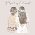 Bride and bridesmaid side by side, wedding invitation. Hand drawn illustration in vintage style Royalty Free Stock Photo