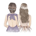 Bride with bridesmaid side by side, wedding invitation. Hand drawn illustration in vintage style