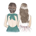 Bride with bridesmaid side by side, wedding invitation. Hand drawn illustration in vintage style Royalty Free Stock Photo