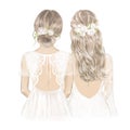 Bride and Bridesmaid with white roses in hair. Hand drawn Illustration