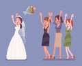 Bride and bridesmaids in bouquet toss tradition on wedding ceremony Royalty Free Stock Photo