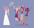 Bride and bridesmaids in bouquet toss tradition on wedding ceremony Royalty Free Stock Photo