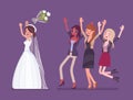 Bride and bridesmaids in bouquet toss tradition on wedding ceremony Royalty Free Stock Photo