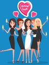 Bride and bridesmaids, friends at hen party or bachelorette near heart with inscription good luck